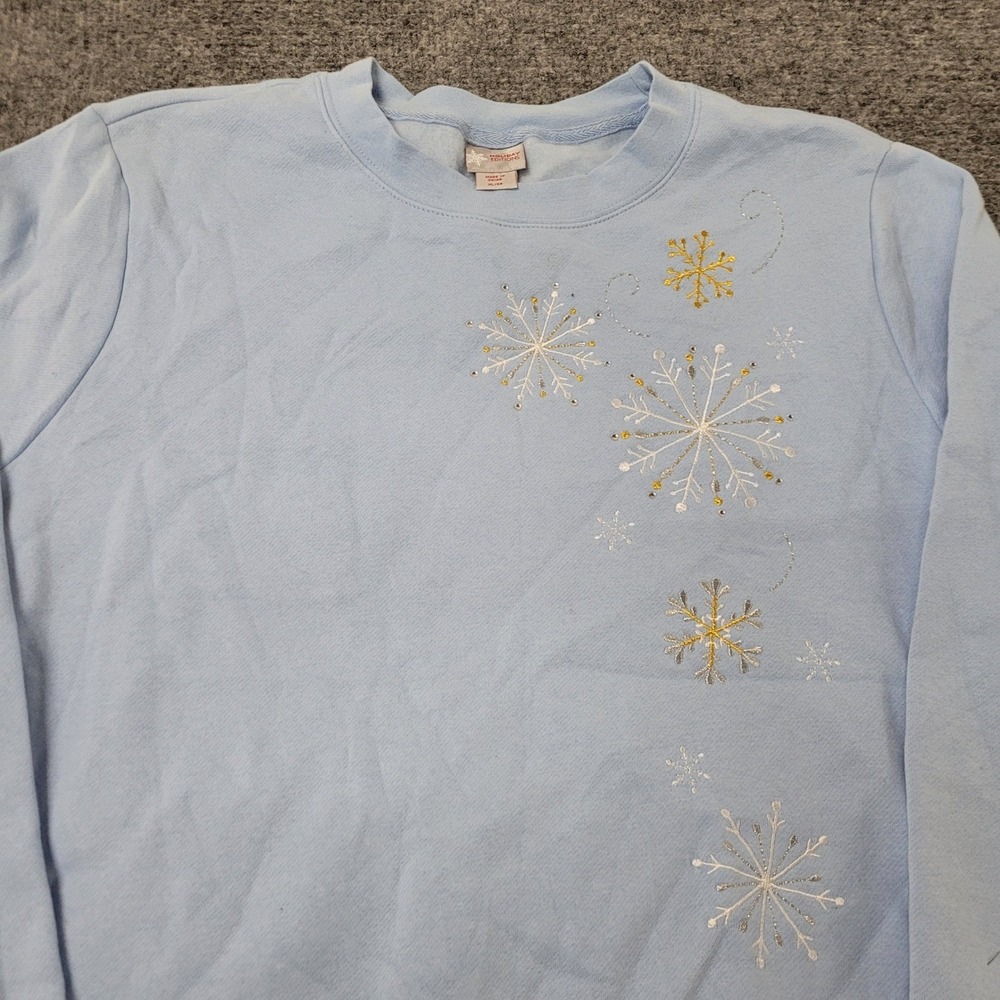 Holiday Editions Sweatshirt Womens XL Blue Snowflake Embroidered Rhinestone Crew